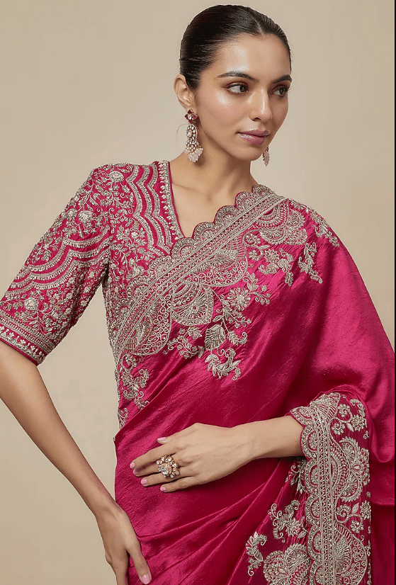 Rani Pink Silk Zari Embroidered Saree Set - Image 4