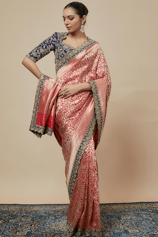 Red Banarasi Silk Zari Embroidered Saree Set