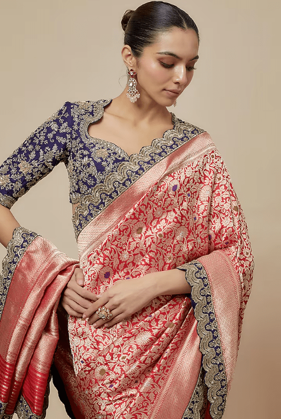 Red Banarasi Silk Zari Embroidered Saree Set - Image 4