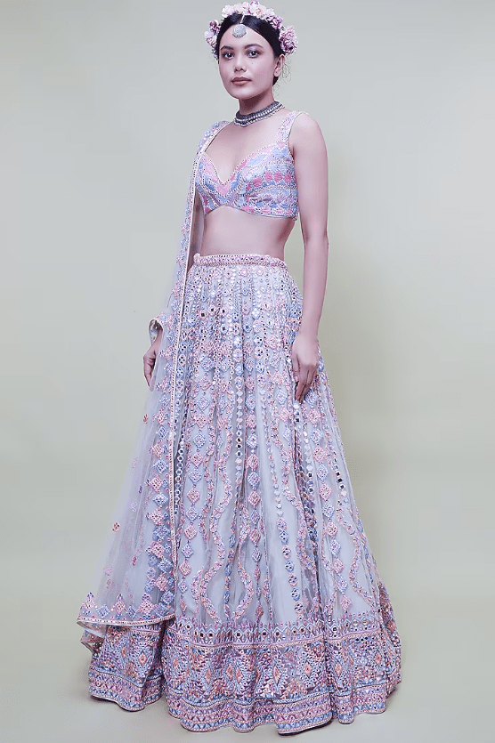 Green & Pink Embroidered Lehenga Set