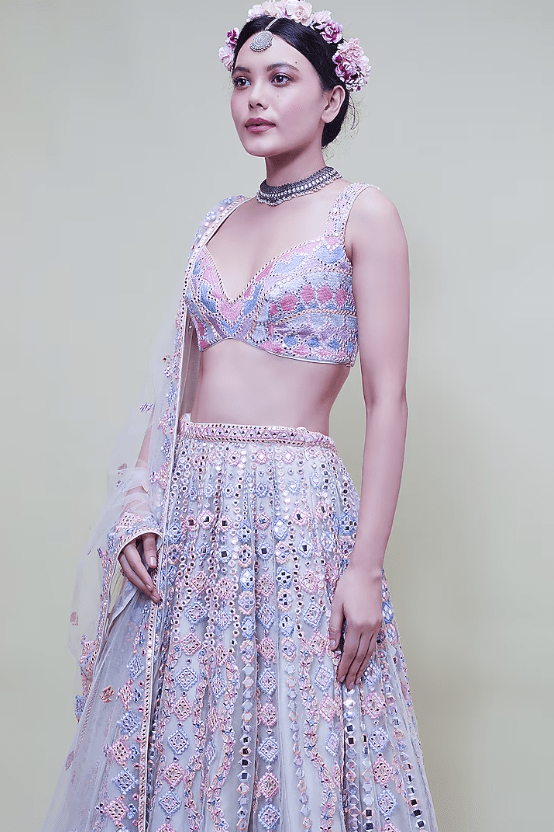 Green & Pink Embroidered Lehenga Set - Image 3