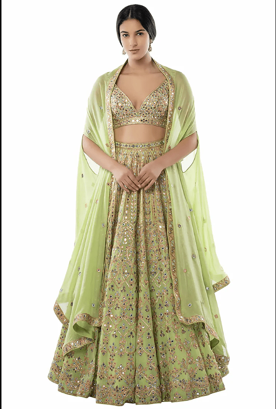 Green Embroidered Cape Lehenga Set
