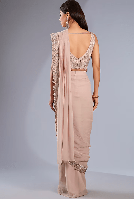 Taupe Silk Satin Hand Embroidered Skirt Saree Set - Image 2