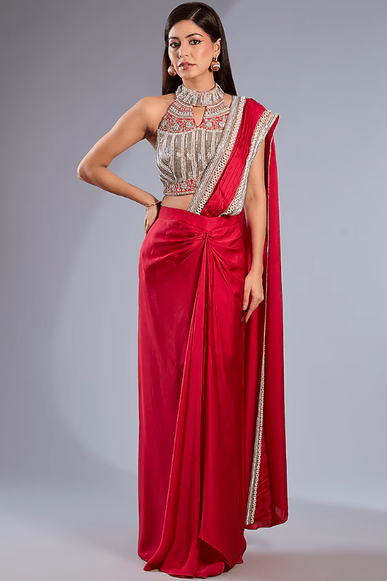 Red Satin & Dupion Silk Draped Skirt Saree Set