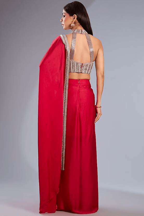 Red Satin & Dupion Silk Draped Skirt Saree Set - Image 2
