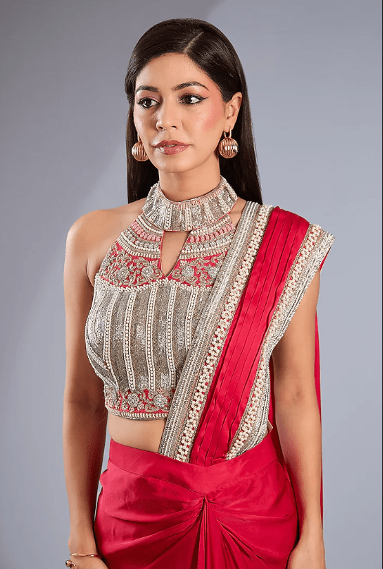 Red Satin & Dupion Silk Draped Skirt Saree Set - Image 4