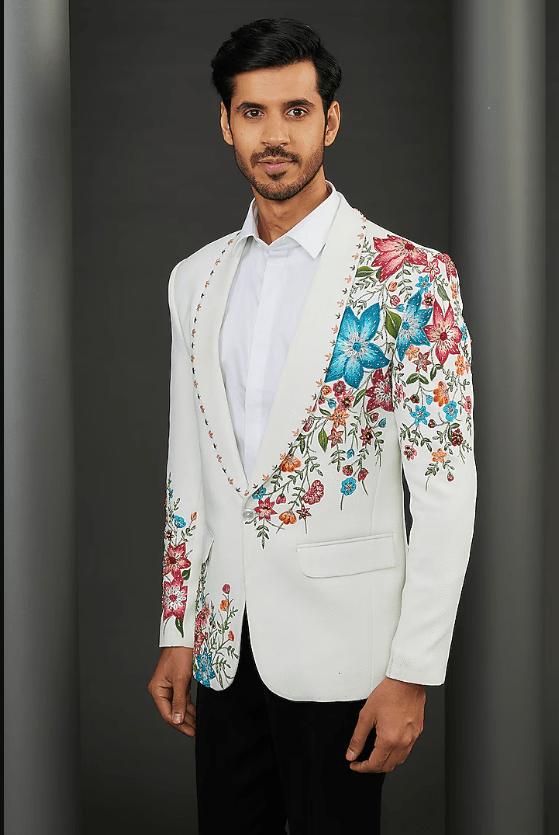 White Imported Crepe Floral Hand Painted Tuxedo Jacket