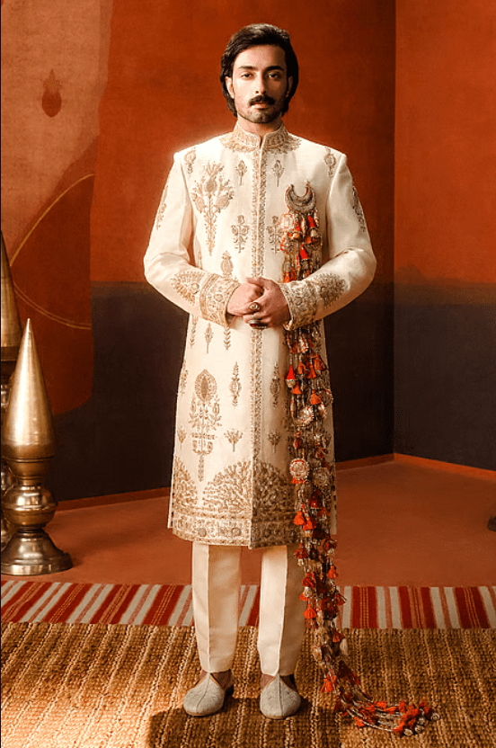 Beige Silk, Cotton Cut Work, Sequins, Zari The Matka Kulfi Sherwani Pant Set