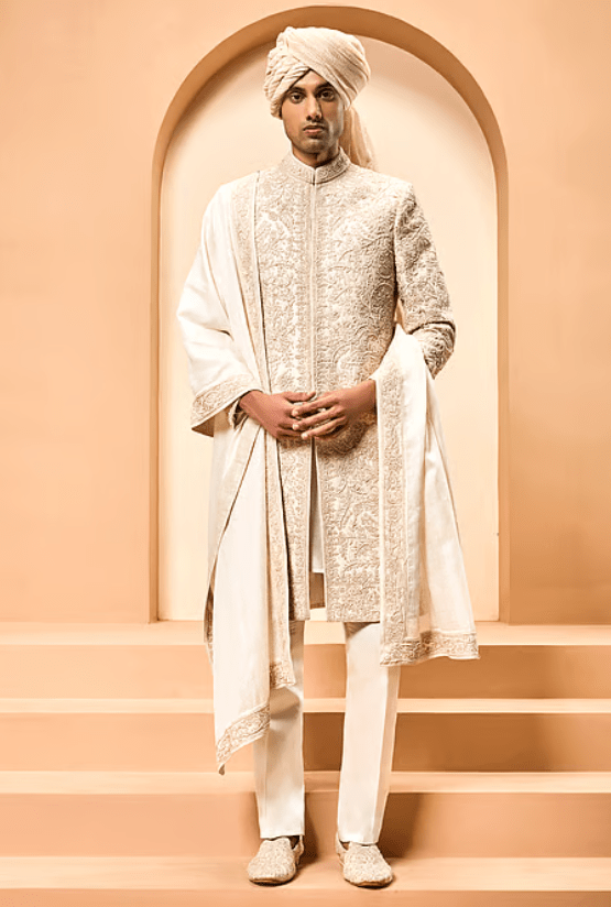Ivory Silk Sequins, Pearls, Zari Raw Embroidered Sherwani Set