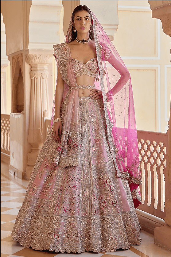 Tea Rose Raw silk Organza Dori Embroidered Handcrafted Lehenga Set