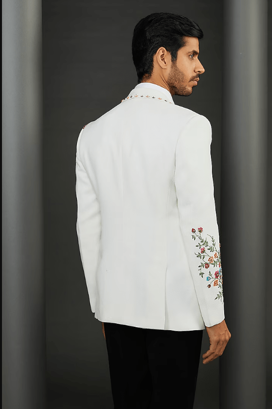 White Imported Crepe Floral Hand Painted Tuxedo Jacket - Image 2
