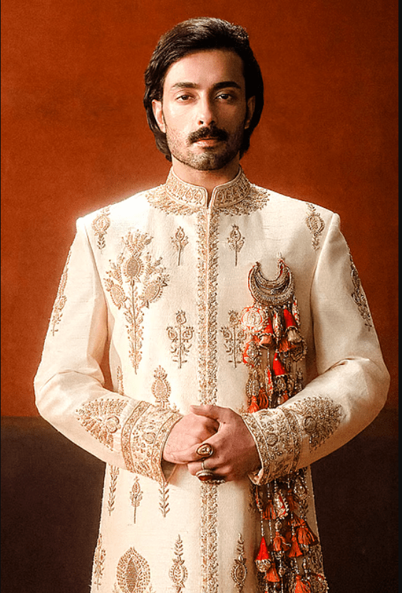 Beige Silk, Cotton Cut Work, Sequins, Zari The Matka Kulfi Sherwani Pant Set - Image 2