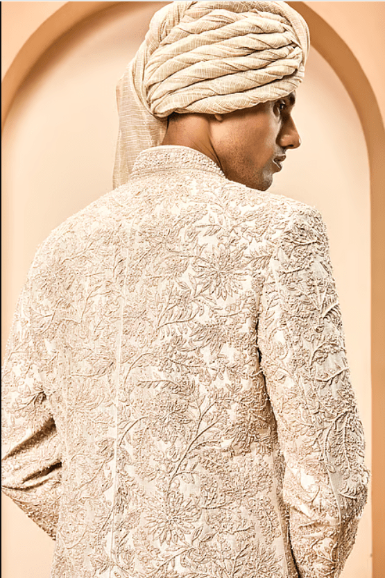 Ivory Silk Sequins, Pearls, Zari Raw Embroidered Sherwani Set - Image 2