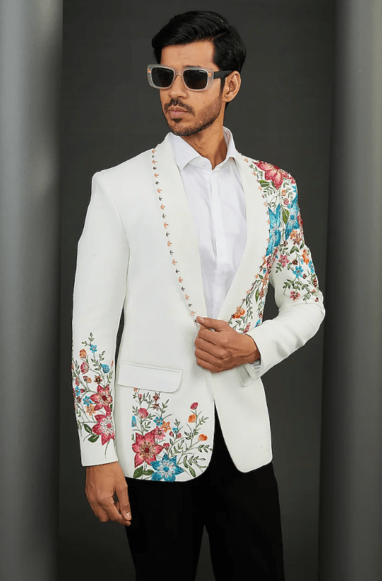 White Imported Crepe Floral Hand Painted Tuxedo Jacket - Image 3