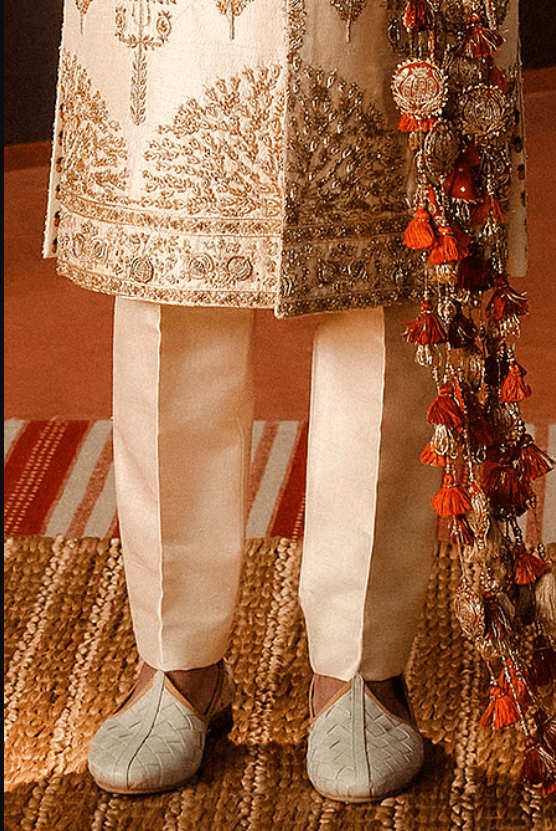 Beige Silk, Cotton Cut Work, Sequins, Zari The Matka Kulfi Sherwani Pant Set - Image 3