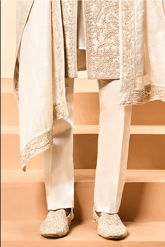 Ivory Silk Sequins, Pearls, Zari Raw Embroidered Sherwani Set - Image 3