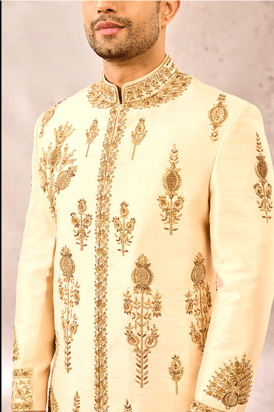 Beige Silk, Cotton Cut Work, Sequins, Zari The Matka Kulfi Sherwani Pant Set - Image 4
