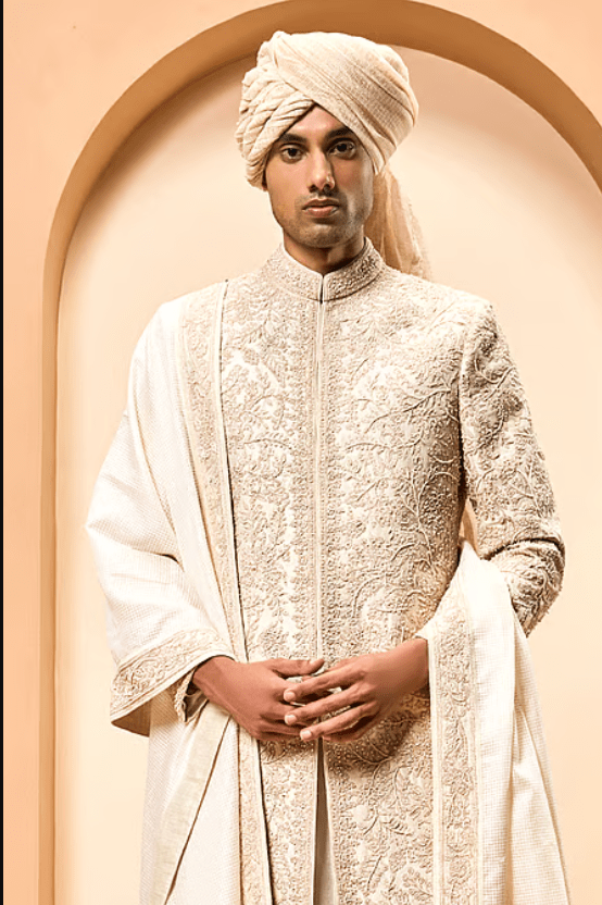 Ivory Silk Sequins, Pearls, Zari Raw Embroidered Sherwani Set - Image 4