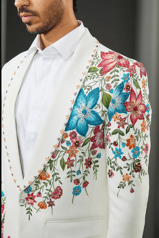 White Imported Crepe Floral Hand Painted Tuxedo Jacket - Image 4