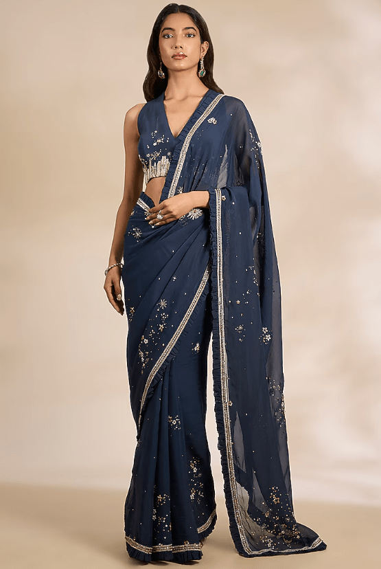 Blue Tissue Silk Thread Embroidered Saree Set