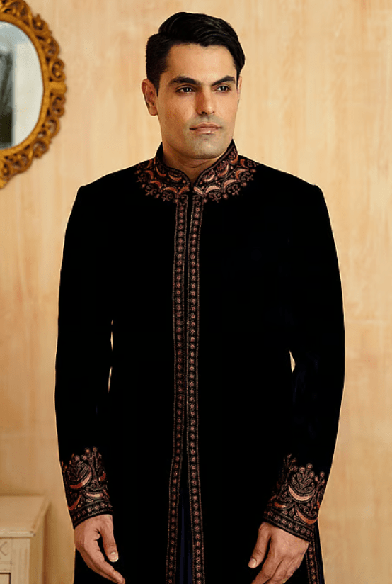 Blue Velvet, Modal, Satin Embroidery Sherwani Set - Image 5