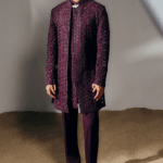 Purple Silk, Chanderi, Wool Embroidery, Beads, Cut Work Anuttara Sherwani Set