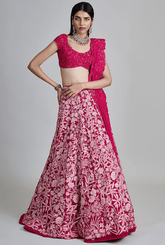 Fuchsia Pink Organza Floral Embroidered Lehenga Set