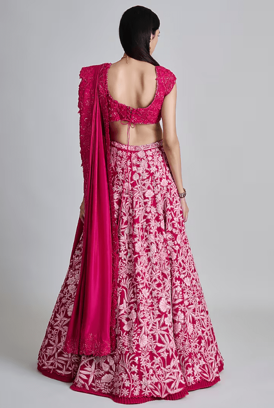 Fuchsia Pink Organza Floral Embroidered Lehenga Set - Image 2