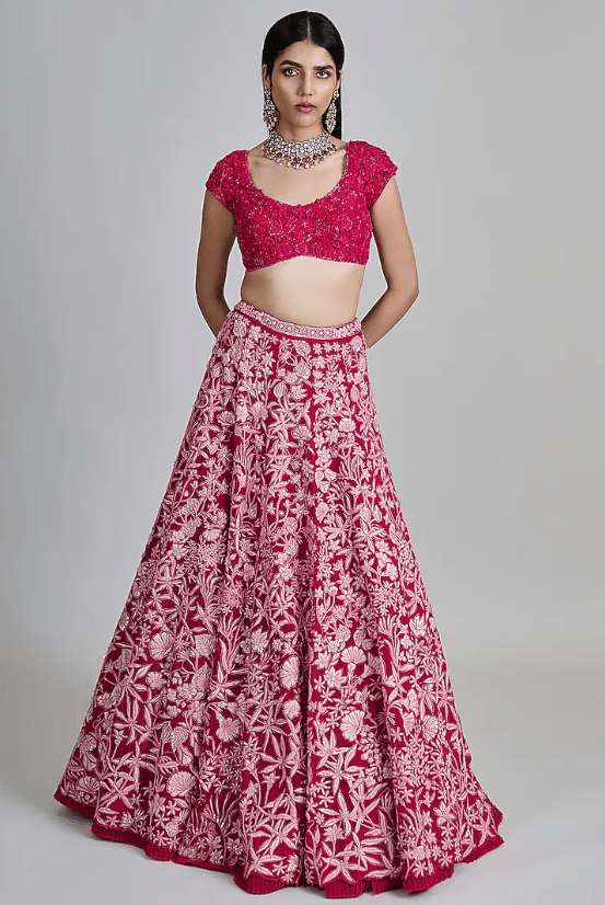 Fuchsia Pink Organza Floral Embroidered Lehenga Set - Image 3