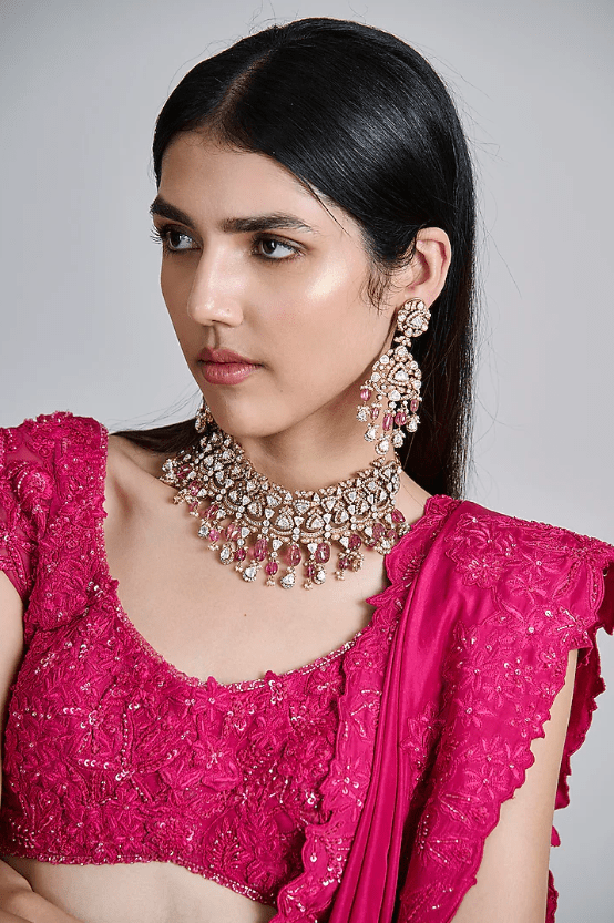 Fuchsia Pink Organza Floral Embroidered Lehenga Set - Image 4