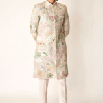 Ivory Silk, Lurex Fougere Applique Sherwani And Kurta Set