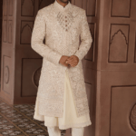 Butter Cream Silk Pitta Work Sherwani Set