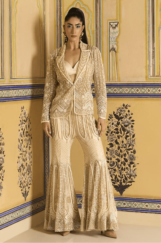 Ivory Net Embroidered Flared Sharara Set