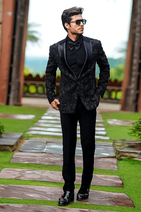 Black Lycra Cut Work, Beads Cutdana Embroidered Blazer Trouser Set