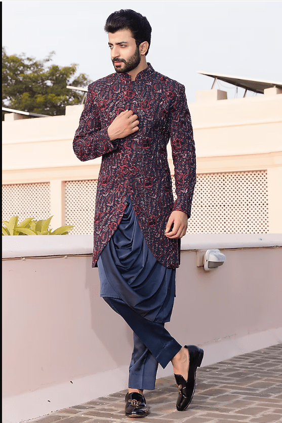Wine Georgette Hand Embroidered Indowestern Set