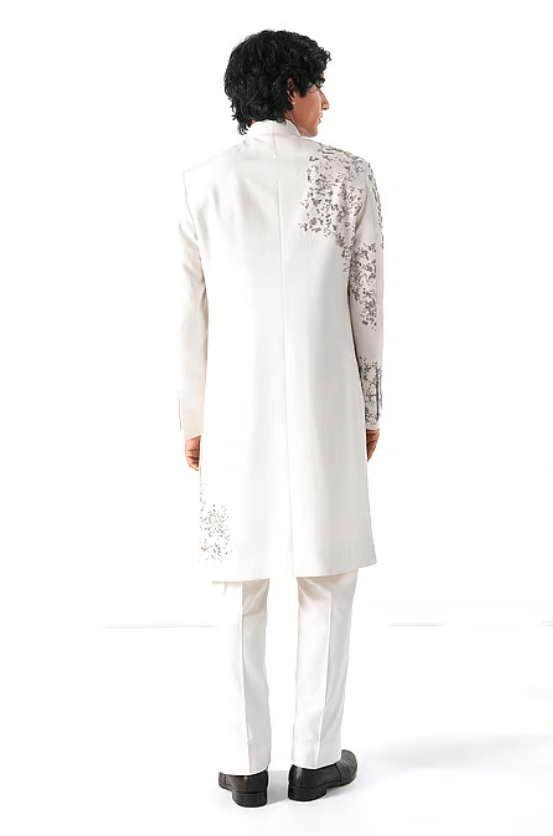 Ivory Silk Sequins, Beads, Metallic Thread Embroidered Sherwani Set - Image 2