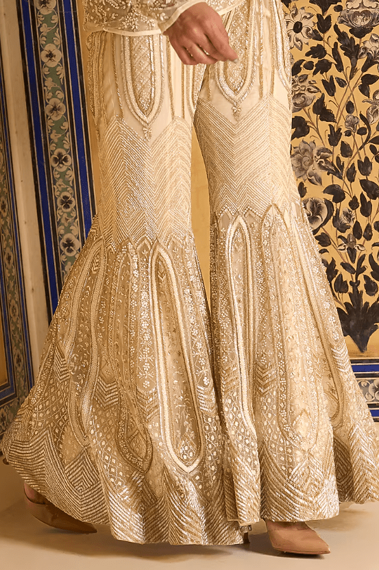 Ivory Net Embroidered Flared Sharara Set - Image 3