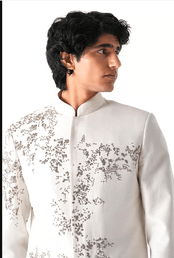Ivory Silk Sequins, Beads, Metallic Thread Embroidered Sherwani Set - Image 3