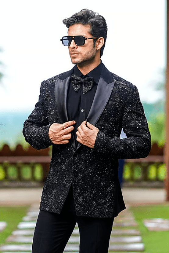 Black Lycra Cut Work, Beads Cutdana Embroidered Blazer Trouser Set - Image 3