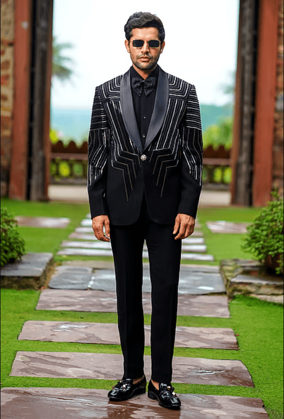 Black Lycra Cut Work Geometric Embroidered Blazer Trouser Set
