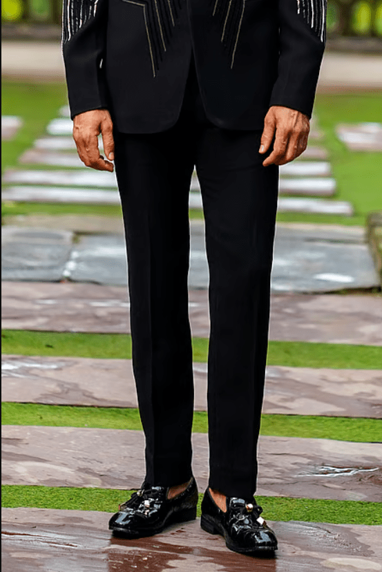 Black Lycra Cut Work Geometric Embroidered Blazer Trouser Set - Image 2