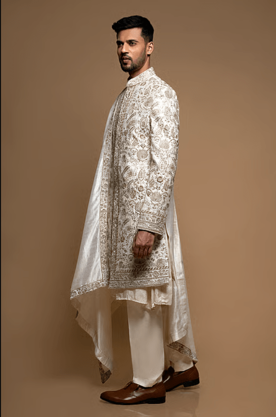 Off White Silk Floral Embroidered Sherwani With Pant - Image 4
