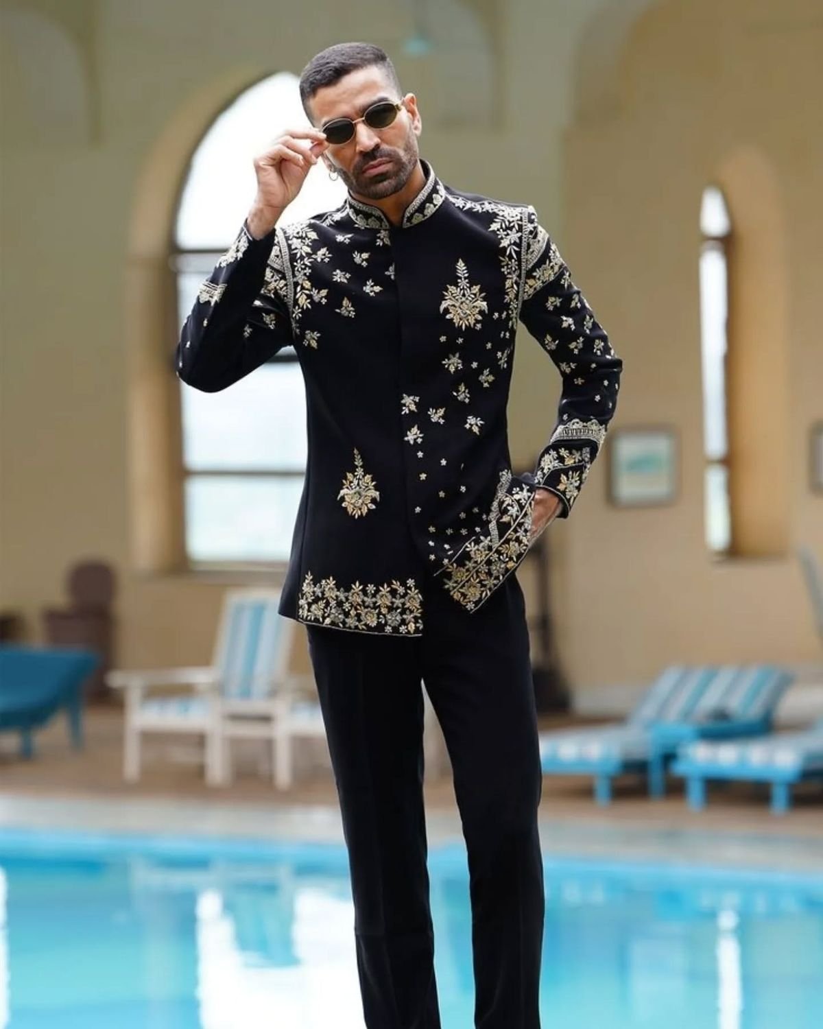 Black Lycra Cut Work, Zari Cosmic Bloom Embroidered Bandhgala With Trouser