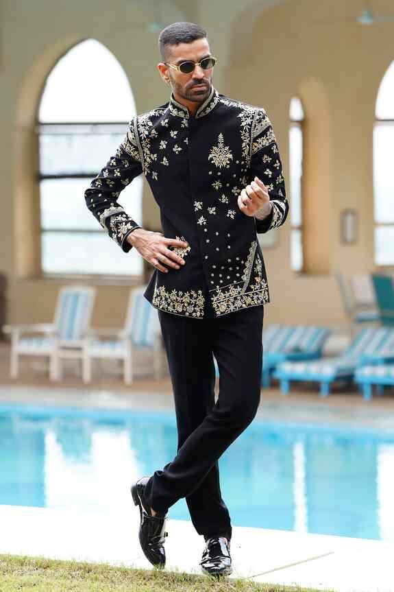 Black Lycra Cut Work, Zari Cosmic Bloom Embroidered Bandhgala With Trouser - Image 2