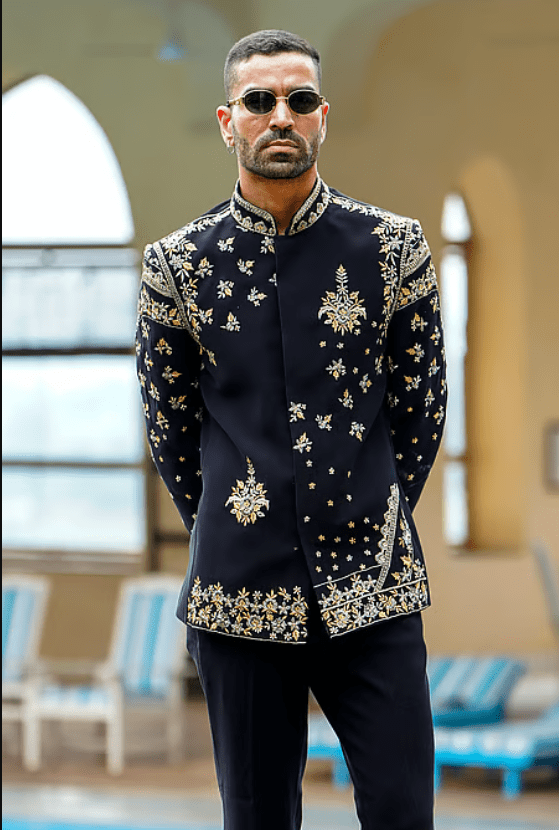Black Lycra Cut Work, Zari Cosmic Bloom Embroidered Bandhgala With Trouser - Image 4