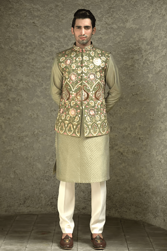 Green Silk Embroidery Mughal Bahar Bundi Kurta Set