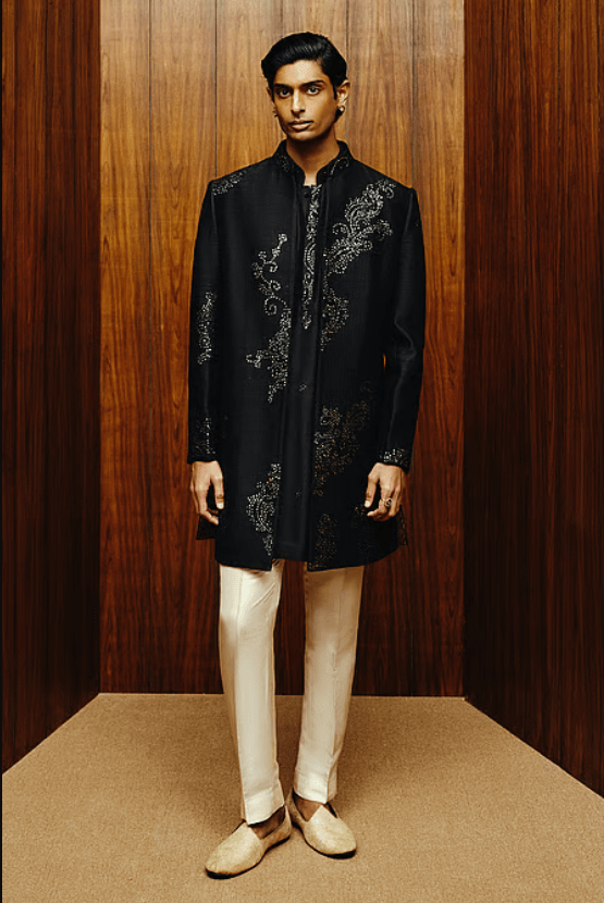 Black Silk, Cotton, Crepe Zari The Obsidian Embellished Achkan Set