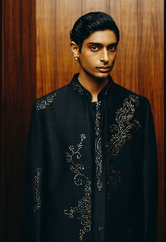 Black Silk, Cotton, Crepe Zari The Obsidian Embellished Achkan Set - Image 2