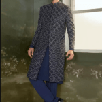 Navy Silk, Cotton, Lycra Beads, Crystals, Raw Sherwani Kurta Trouser Set