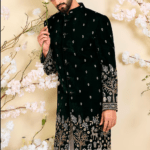 Green Velvet Embroidered Sherwani